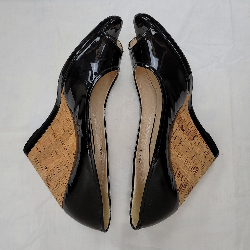 Prada Black Patent Peep Toe Cork Wedge Pumps Size 8 - Picture 4 of 7